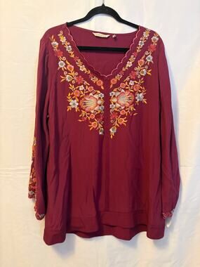 Soft Surroundings Purple Embroidered Floral Long Sleeve Tunic Blouse Women's XL